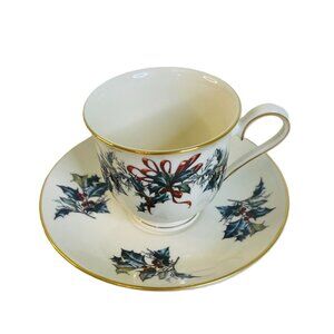 Lenox Winter Greetings Teacup and Saucer Ivory Bone China 24k Gold Accents VTG